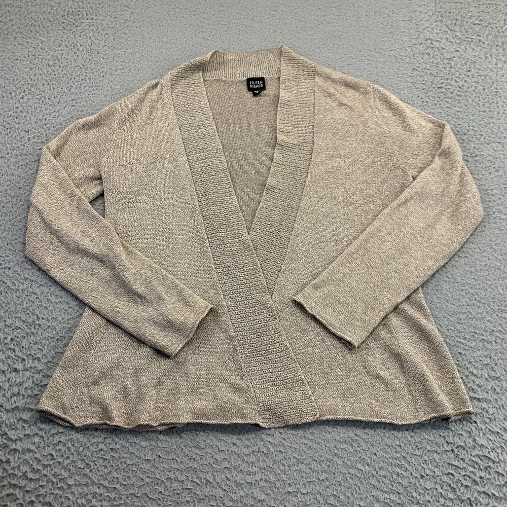Eileen Fisher Open‎ Front Cardigan Womens Small Beige Knit Sweater Linen Blend